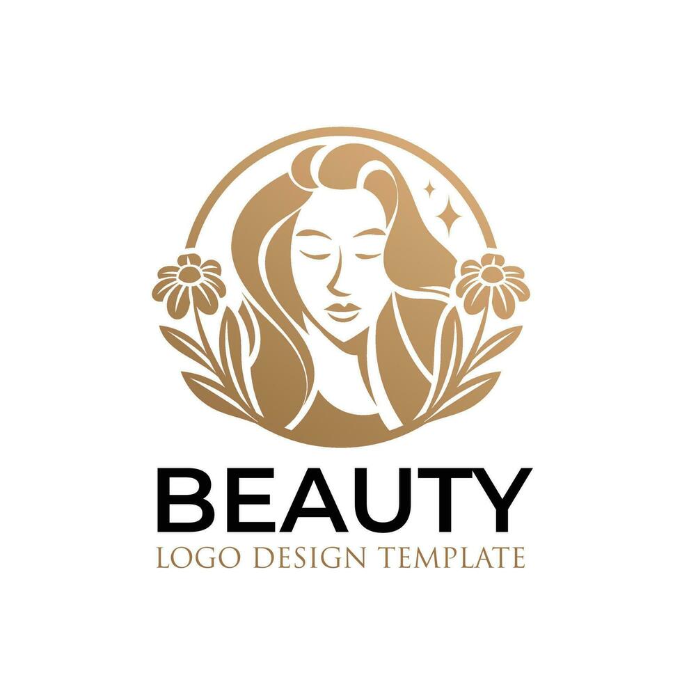 hermosa mujer logo con oro hojas y flores vector