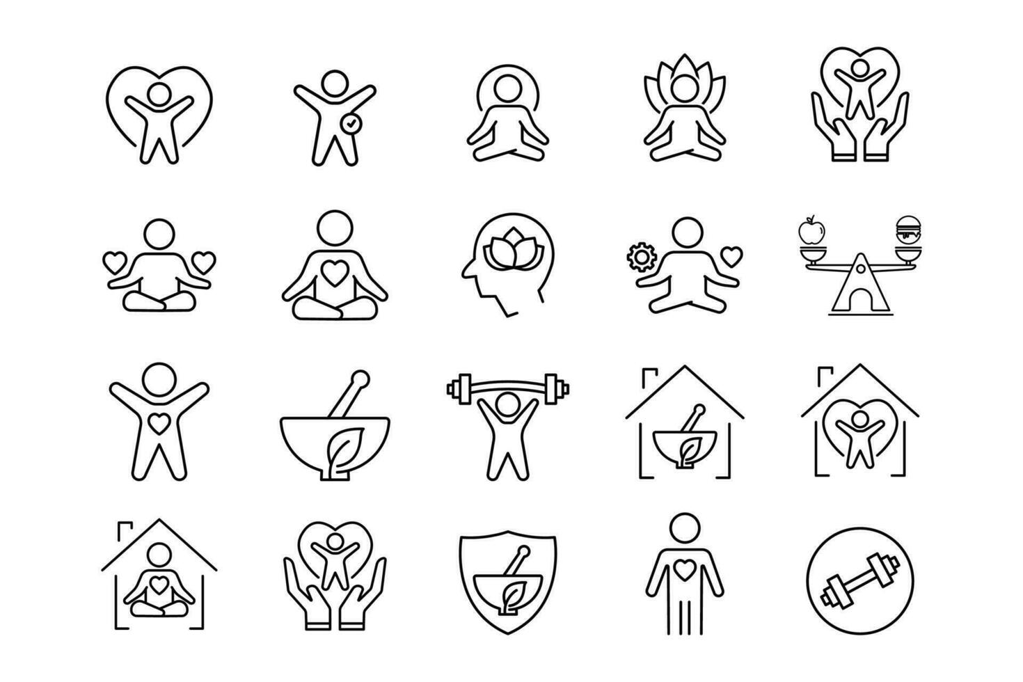 Wellness icon set. Yoga, fitness, spirit meditation, mental relaxation, stress management, self-care. Line icon style design. Simple vector design editable