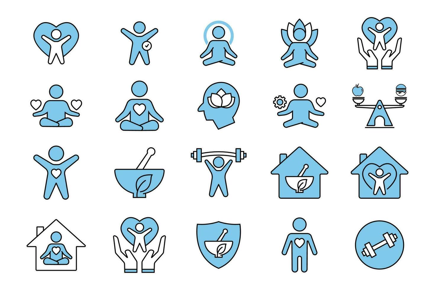 bienestar icono colocar. yoga, aptitud física, espíritu meditación, mental relajación, estrés gestión, cuidados personales. dos tono icono estilo diseño. sencillo vector diseño editable