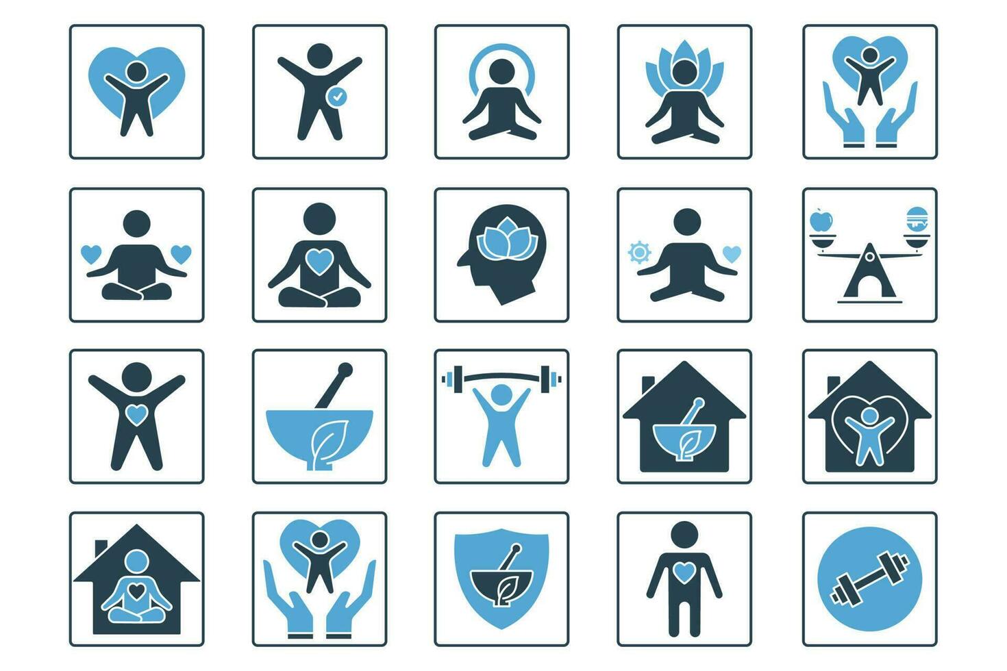 Wellness icon set. Yoga, fitness, spirit meditation, mental relaxation, stress management, self-care. Solid icon style design. Simple vector design editable