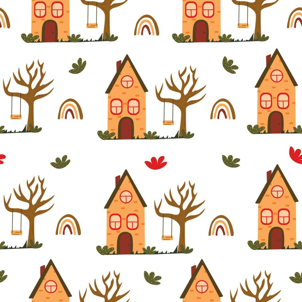 Seamless pattern with cute house and swing. Vector cartoon
