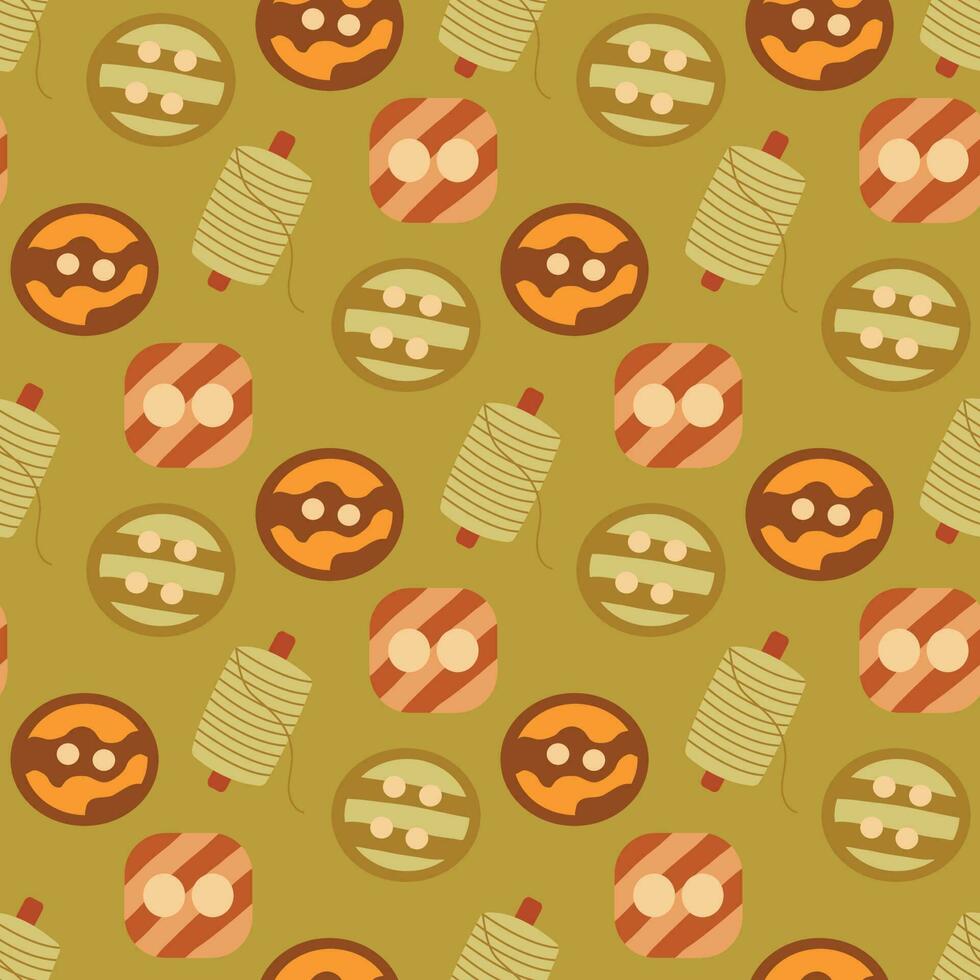 Seamless pattern buttons and spool of thread. Colorful vector