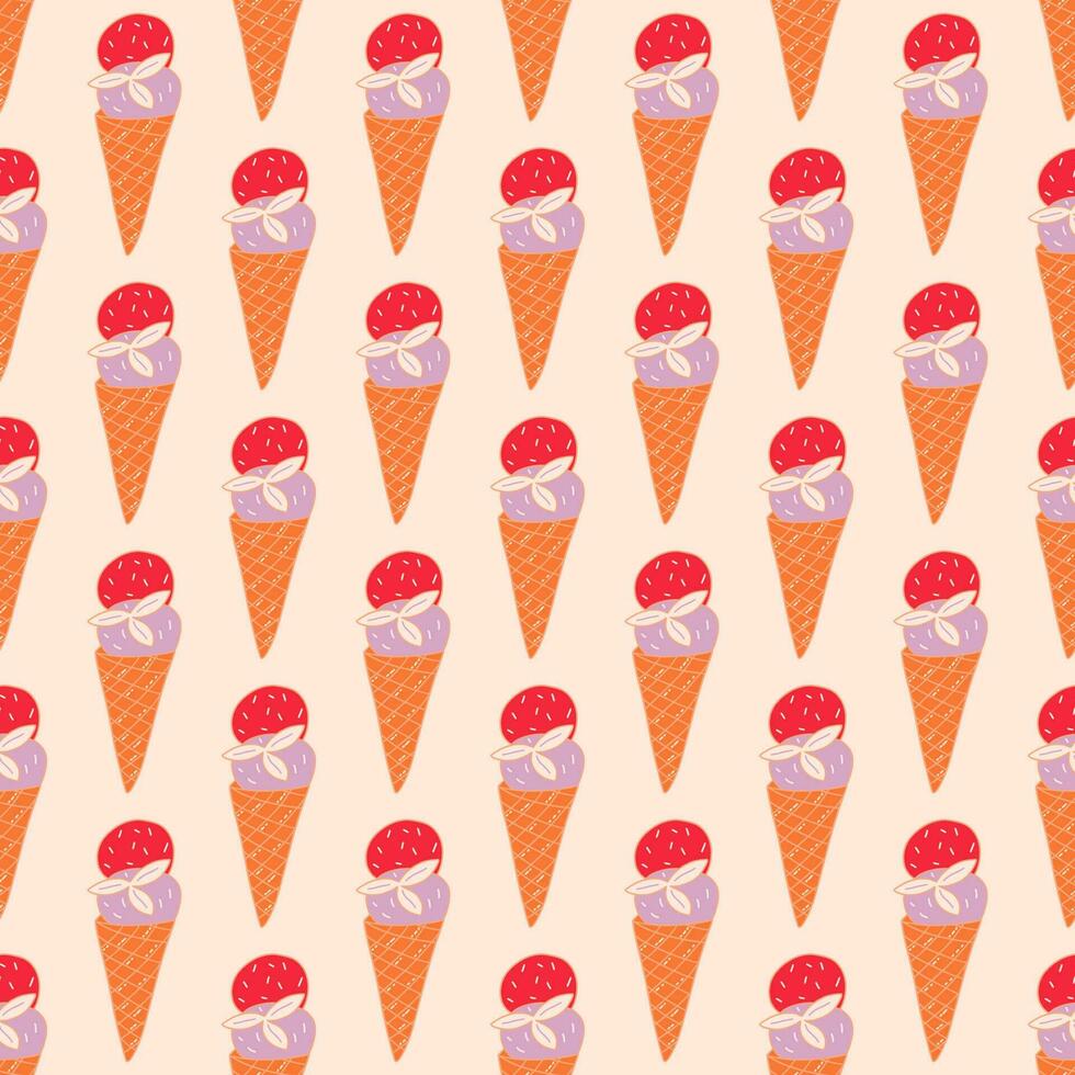 Seamless pattern. Ice cream in waffle cup. Vector