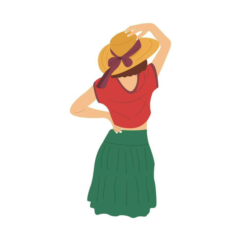 Slim girl in a hat looks ahead. Vector colorful