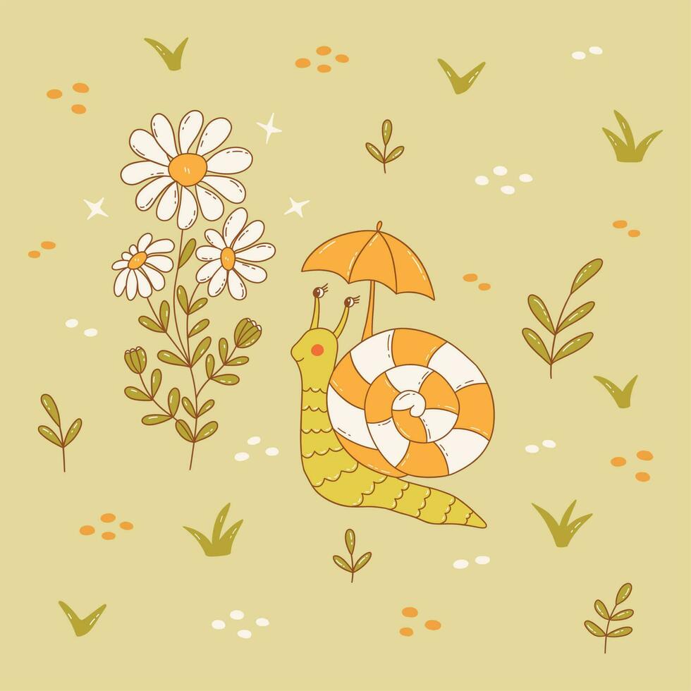 Snail in field next to sprig of daisies. Vector
