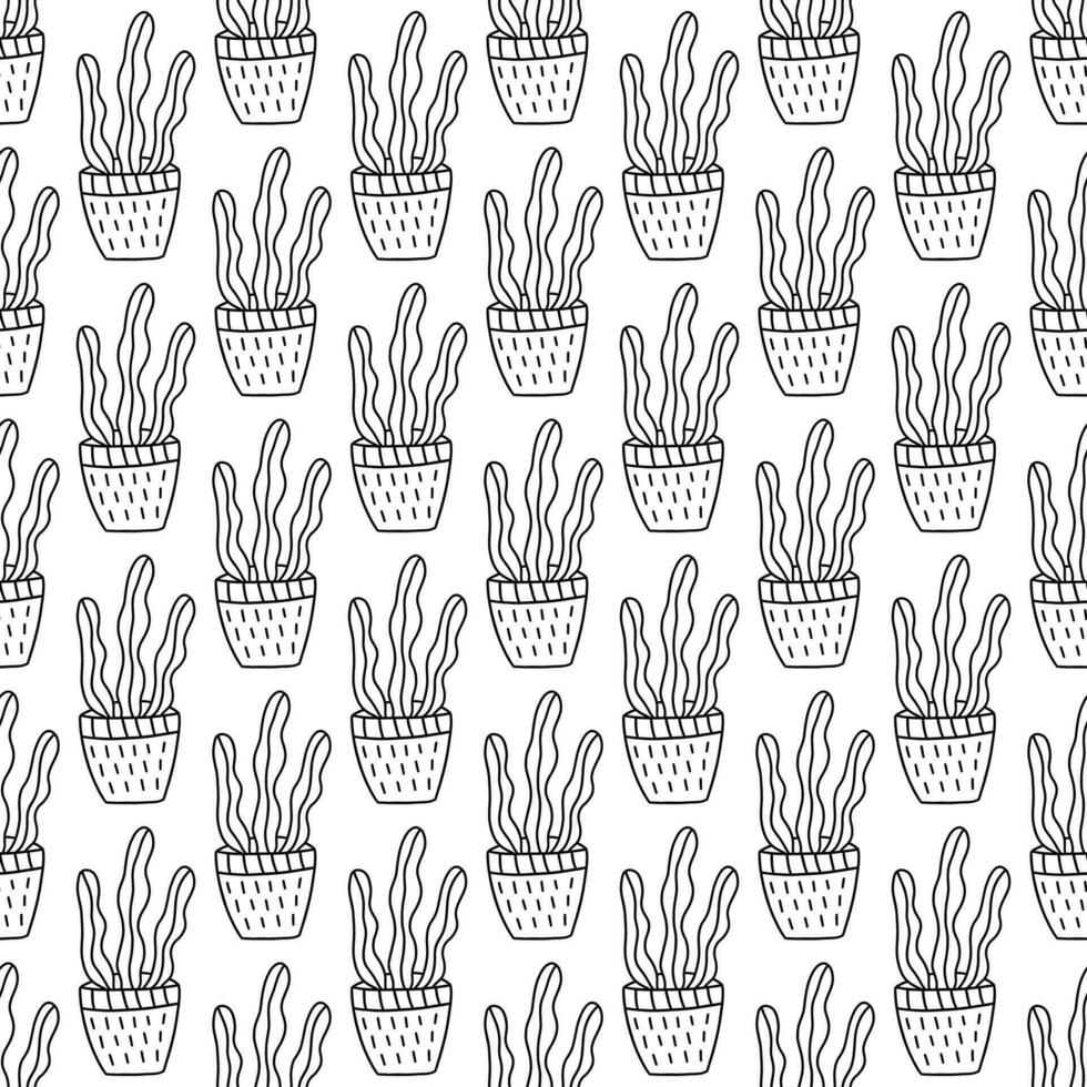 Seamless pattern with cute cactus in a pot. Vector