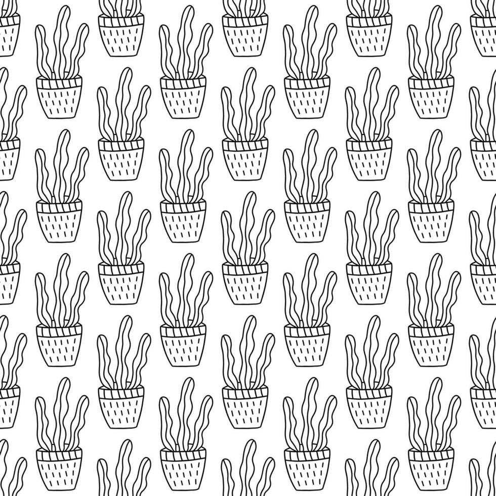 Seamless pattern with cute cactus in a pot. Vector