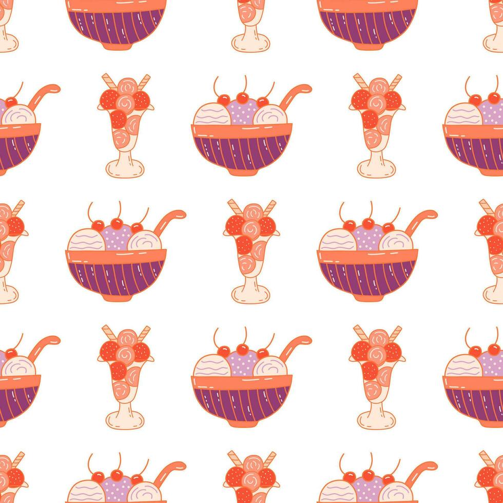 Seamless pattern with ice cream in bowl. Vector doodle