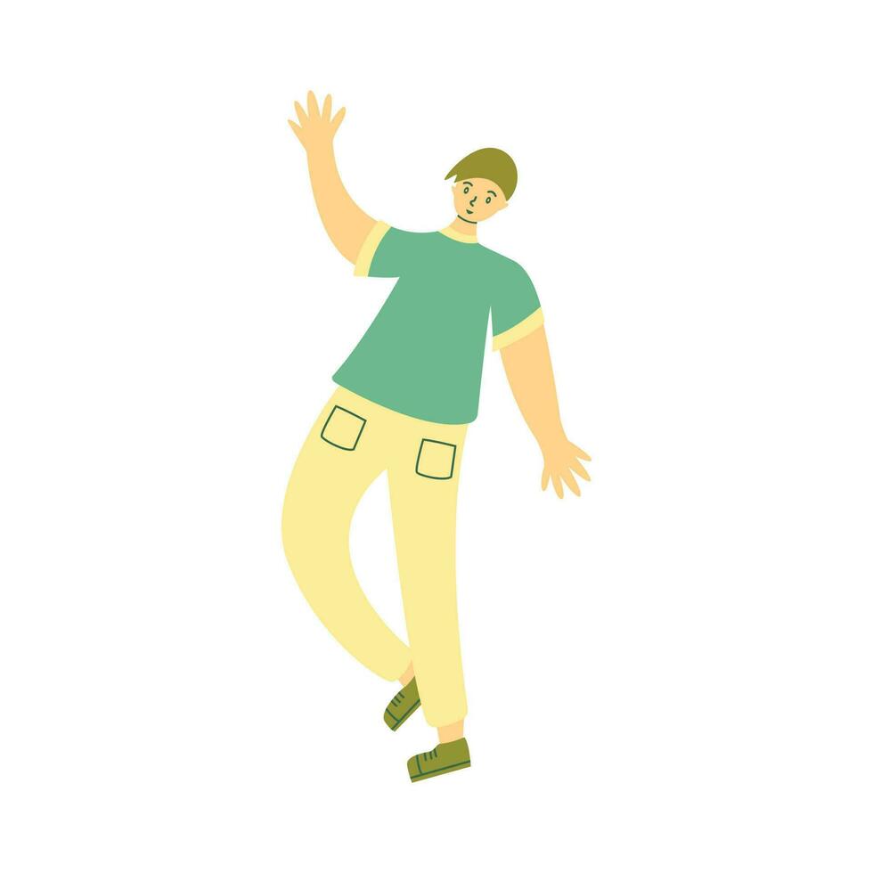 Young guy, student or teenager waving happily. Vector