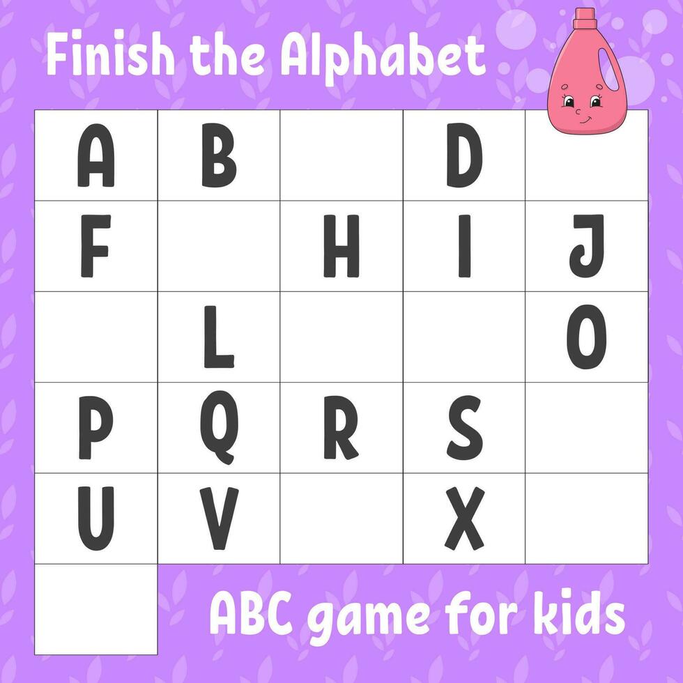 Finish the alphabet. ABC game for kids. Education developing worksheet. Learning game for kids. Color activity page. vector