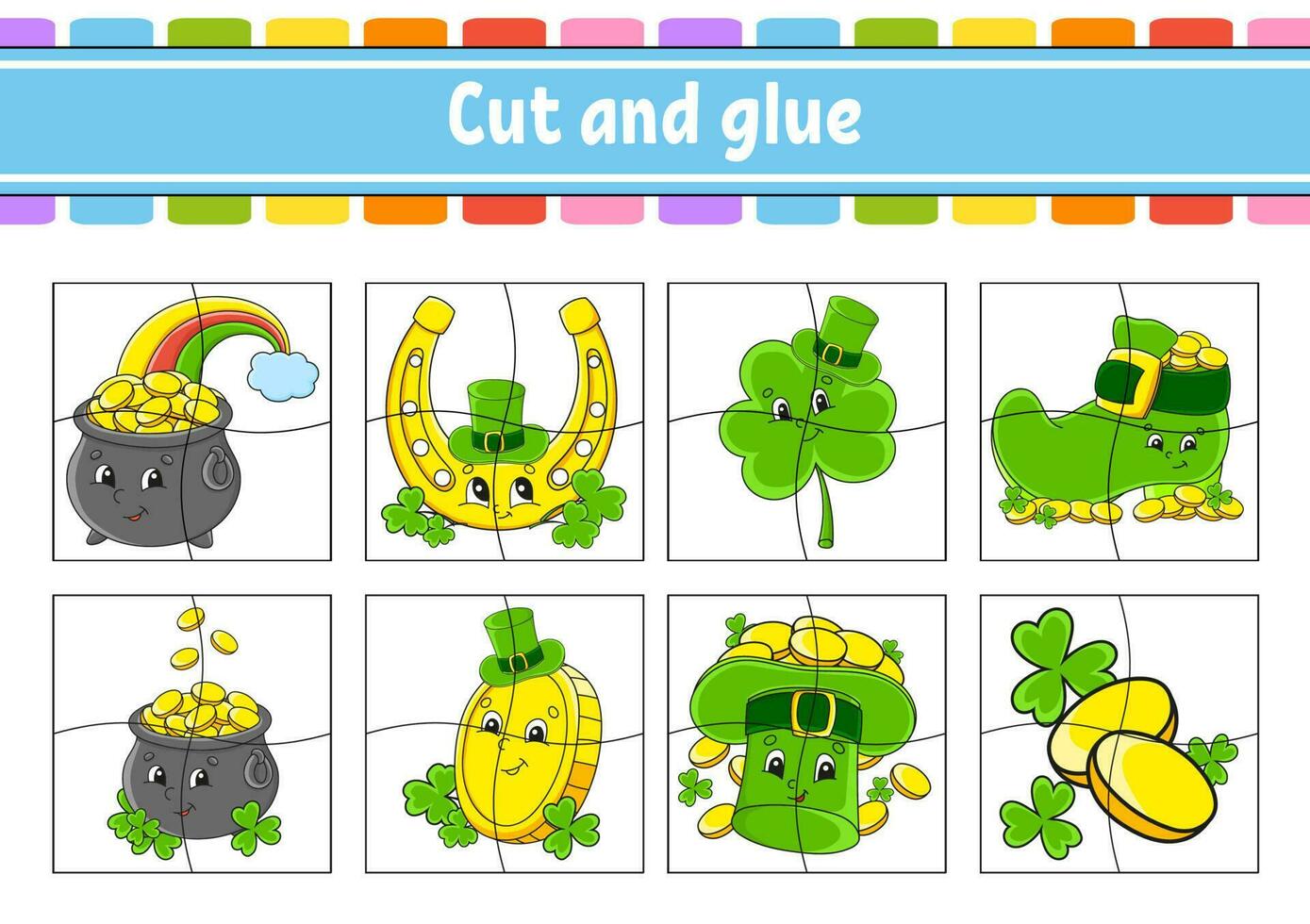 Cut and glue. Set flash cards. Education worksheet. Activity page. Game for children. cartoon character. Vector illustration.
