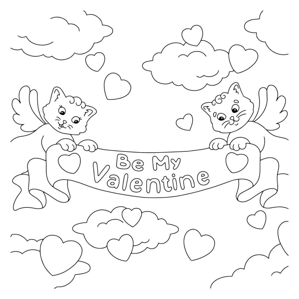 un Pareja de gatos son participación un Felicidades cinta. colorante libro página para niños. San Valentín día. dibujos animados estilo personaje. vector