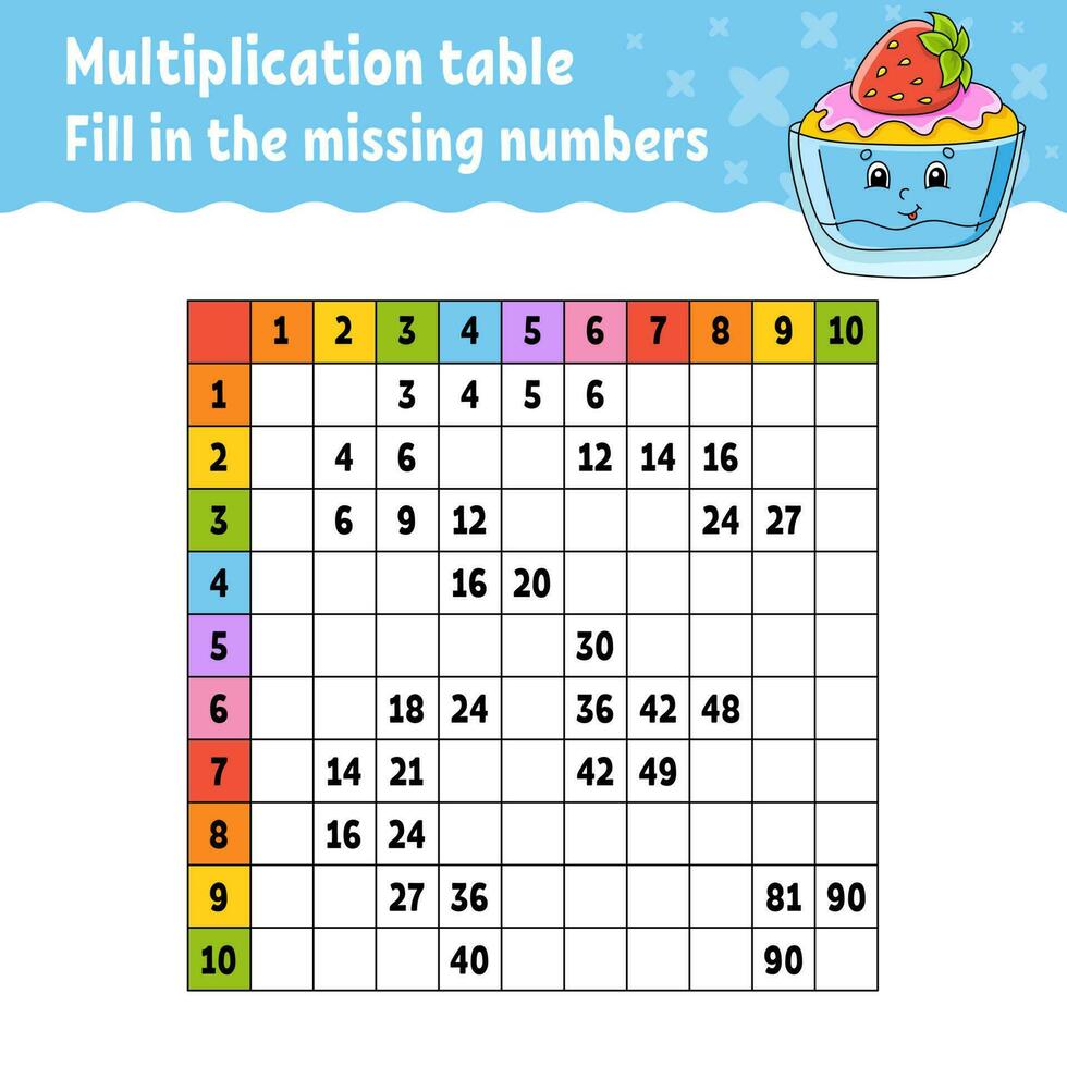 Paste the missing numbers. Learning multiplication table. Handwriting practice. Education developing worksheet. Color activity page. Game for children. Vector illustration.