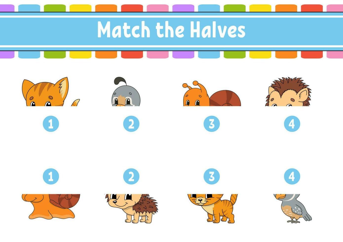 Match the halves. Education developing worksheet. Animal theme. Matching game for kids. Color activity page. Riddle for children. Cute character. Vector illustration. cartoon style.