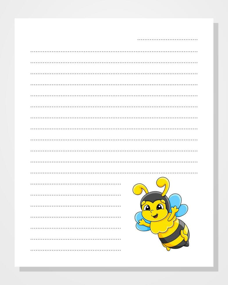 Sheet template for notebook, notepad, diary. Lined paper. With cute character. Cartoon style. Vector illustration.