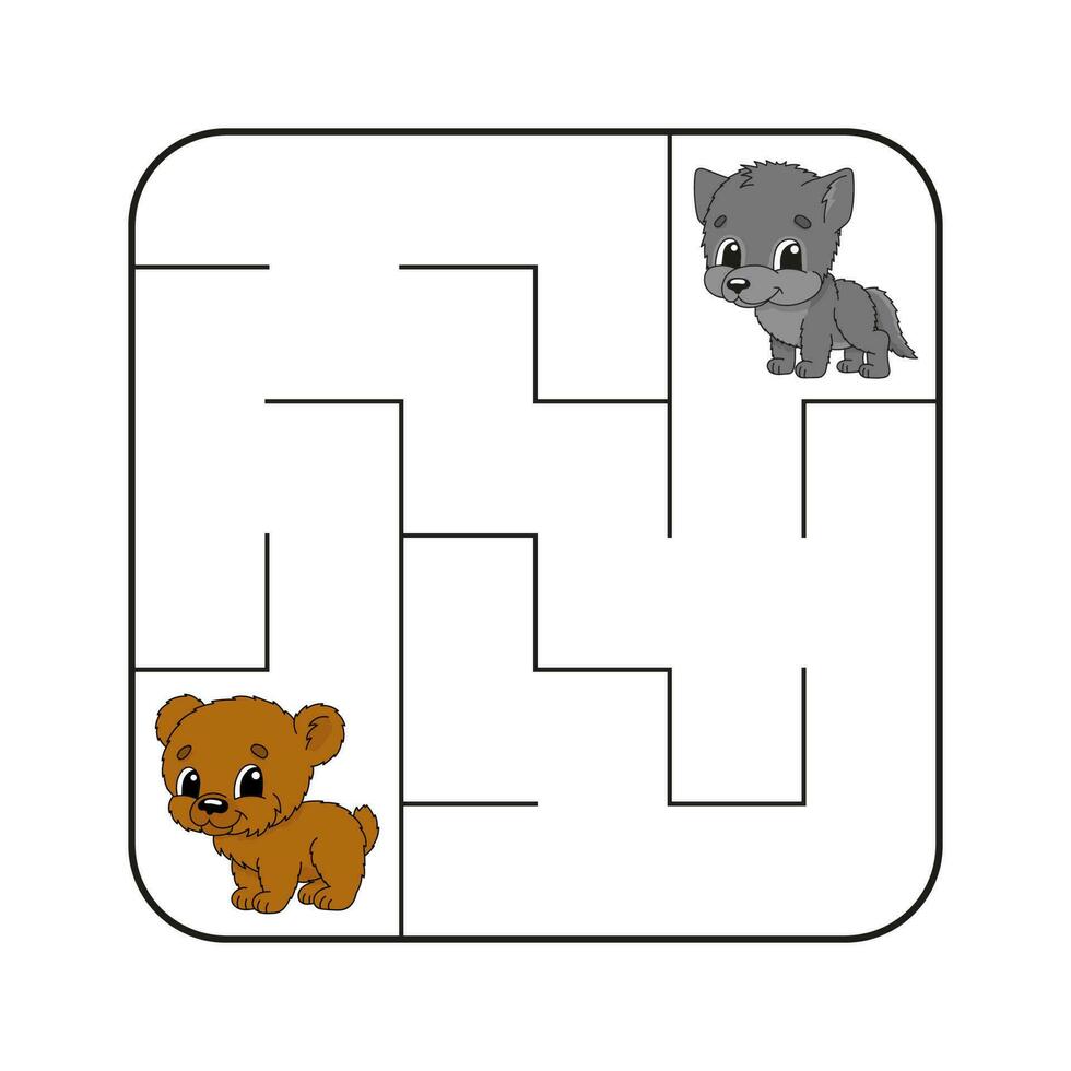 Simple square maze for toddlers. With cute cartoon characters. Isolated on white background. Vector illustration.