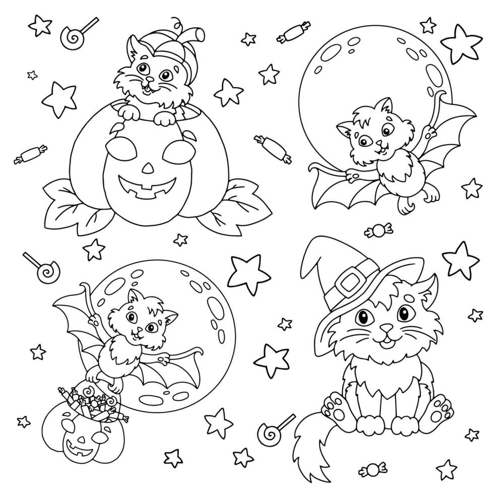 Cat in a witch hat, bat, pumpkin, moon. Halloween theme. Coloring book page for kids. Cartoon style. Vector illustration isolated on white background.