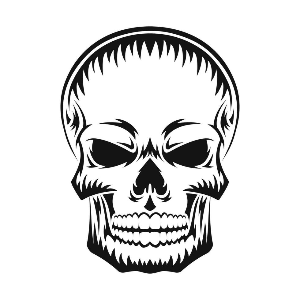 Human skull. Black silhouette. Design element. Hand drawn sketch. Vintage style. Vector illustration isolated on white background.