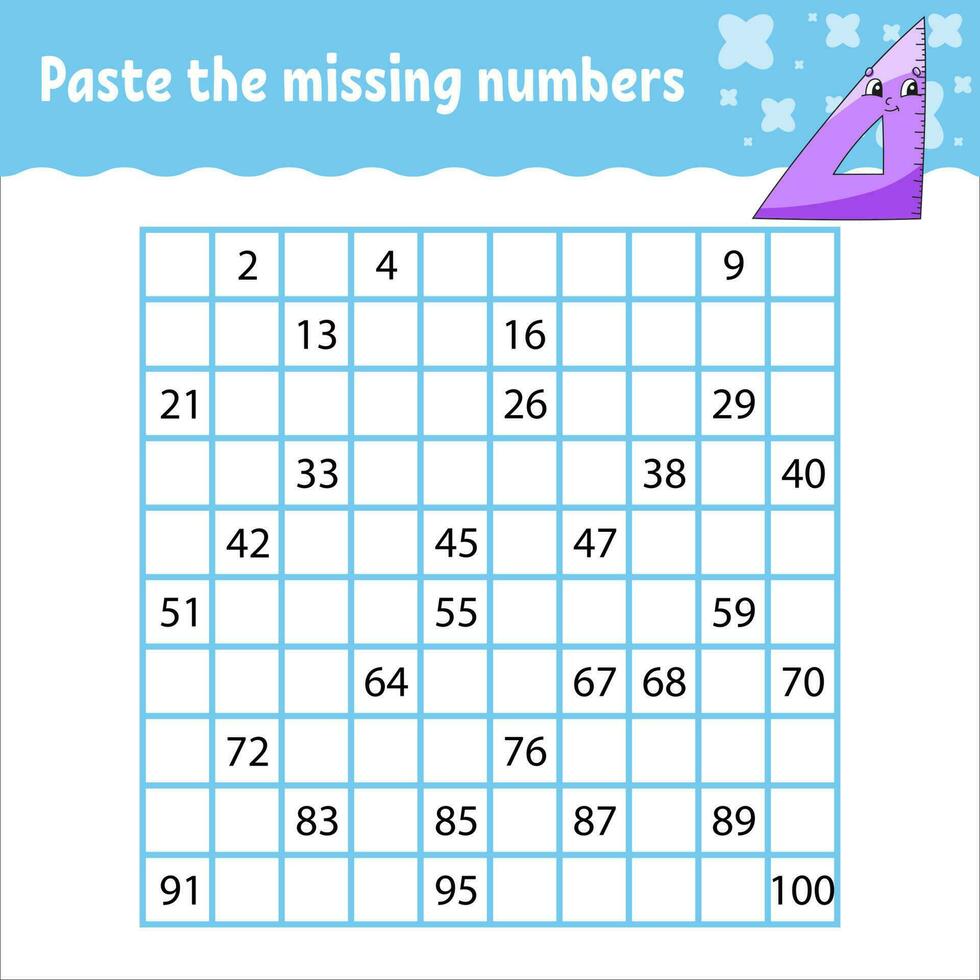 Paste the missing numbers from 1 to 100. Handwriting practice. Learning numbers for kids. Education developing worksheet. Activity page. Vector illustration.