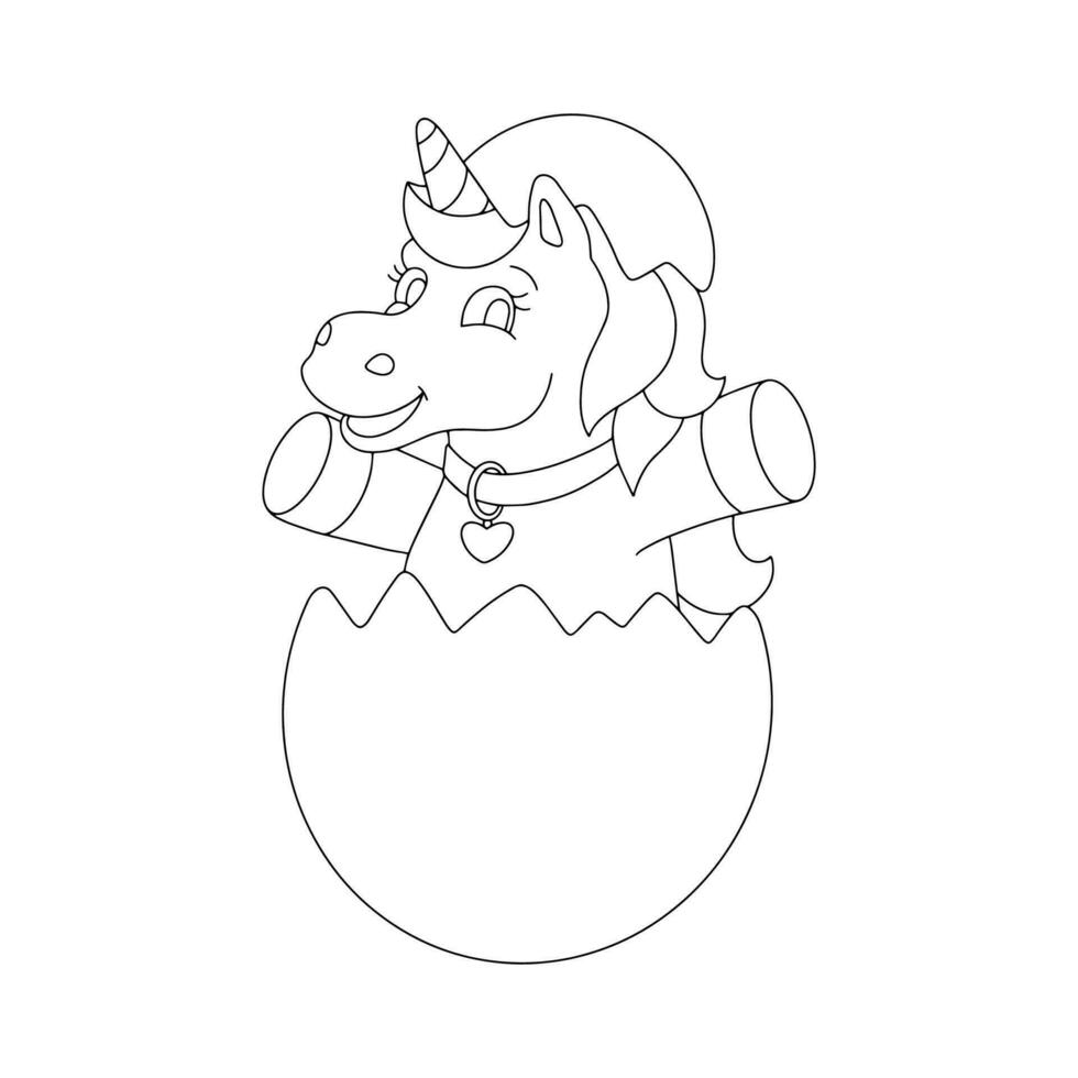 The unicorn jumps out of the Easter egg. Coloring book page for kids. Cartoon style character. vector