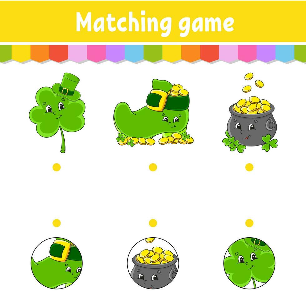 Matching game for kids. Education developing worksheet. Draw a line. Activity page. cartoon character. Vector illustration. St. Patrick's day.