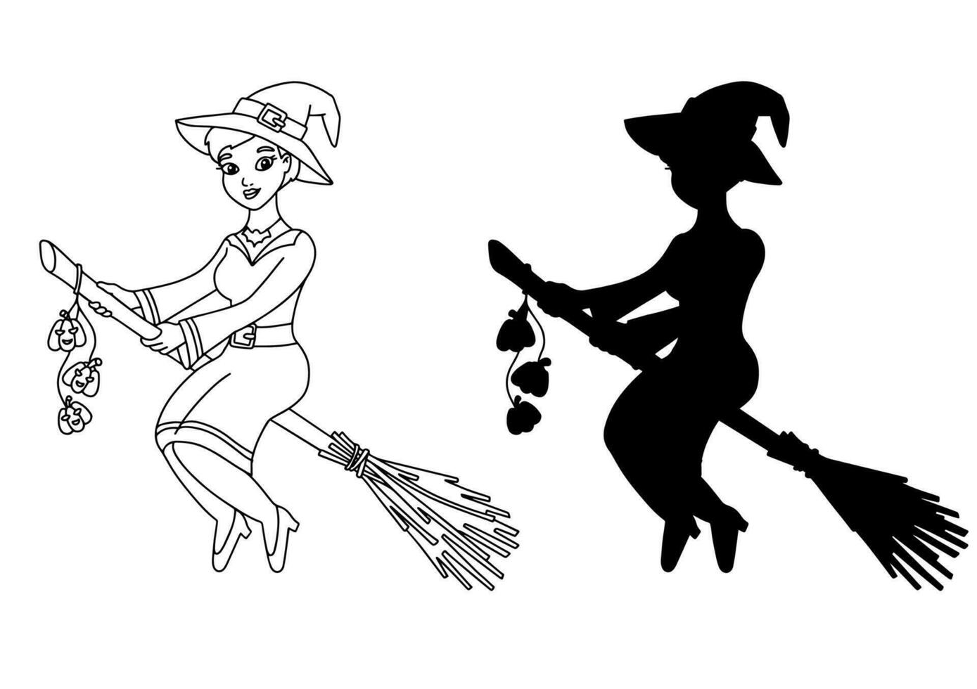 Witch in a hat flies on a broomstick. Coloring book page for kids. Cartoon style character. Vector illustration isolated on white background. Halloween theme.