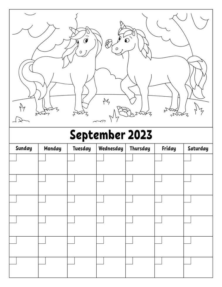 Blank calendar template for one month without dates. Colorful design with a cute character. Vector illustration.