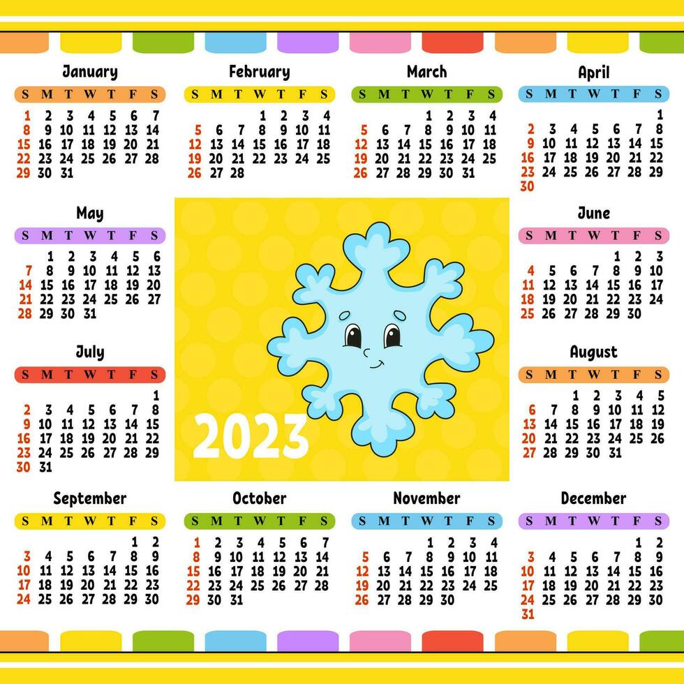 Calendar for 2023 with a cute character. Fun and bright design. Cartoon style. Vector illustration.