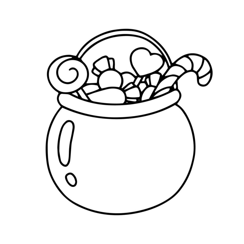 A pot of sweets. Coloring book page for kids. Halloween theme. Cartoon style character. vector