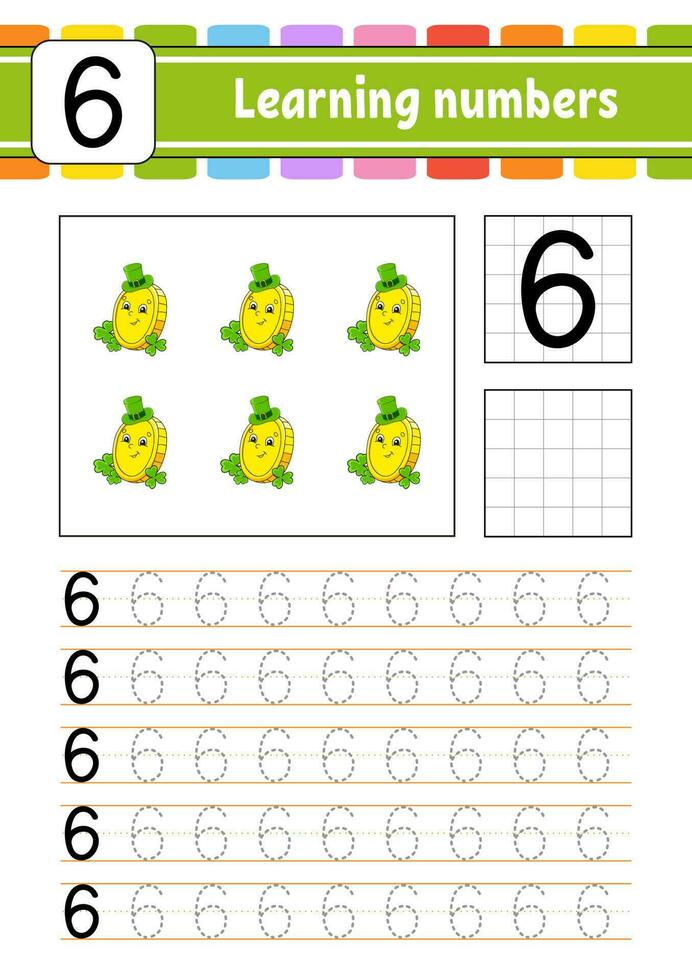 Trace and write numbers. Handwriting practice. Learning numbers for kids. Education developing worksheet. Activity page. Vector illustration.