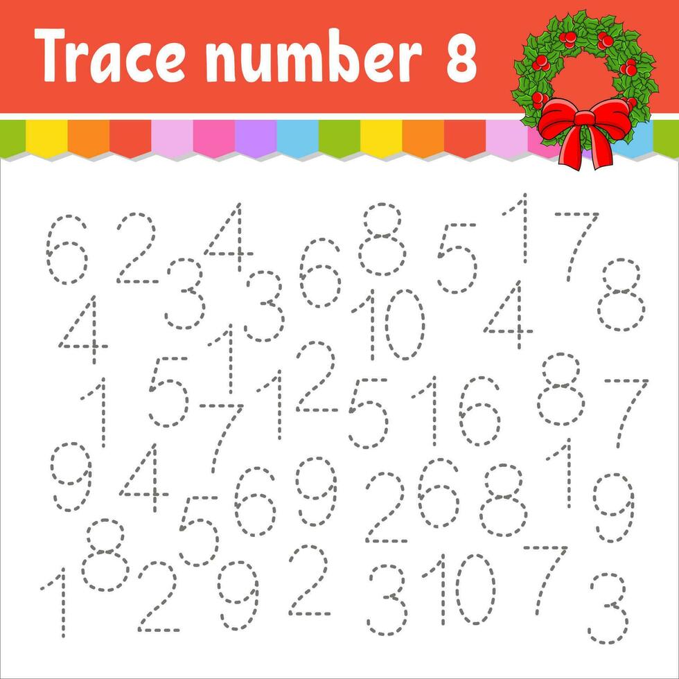 Trace number . Handwriting practice. Learning numbers for kids. Education developing worksheet. Activity page. Christmas theme. Isolated vector illustration in cute cartoon style.