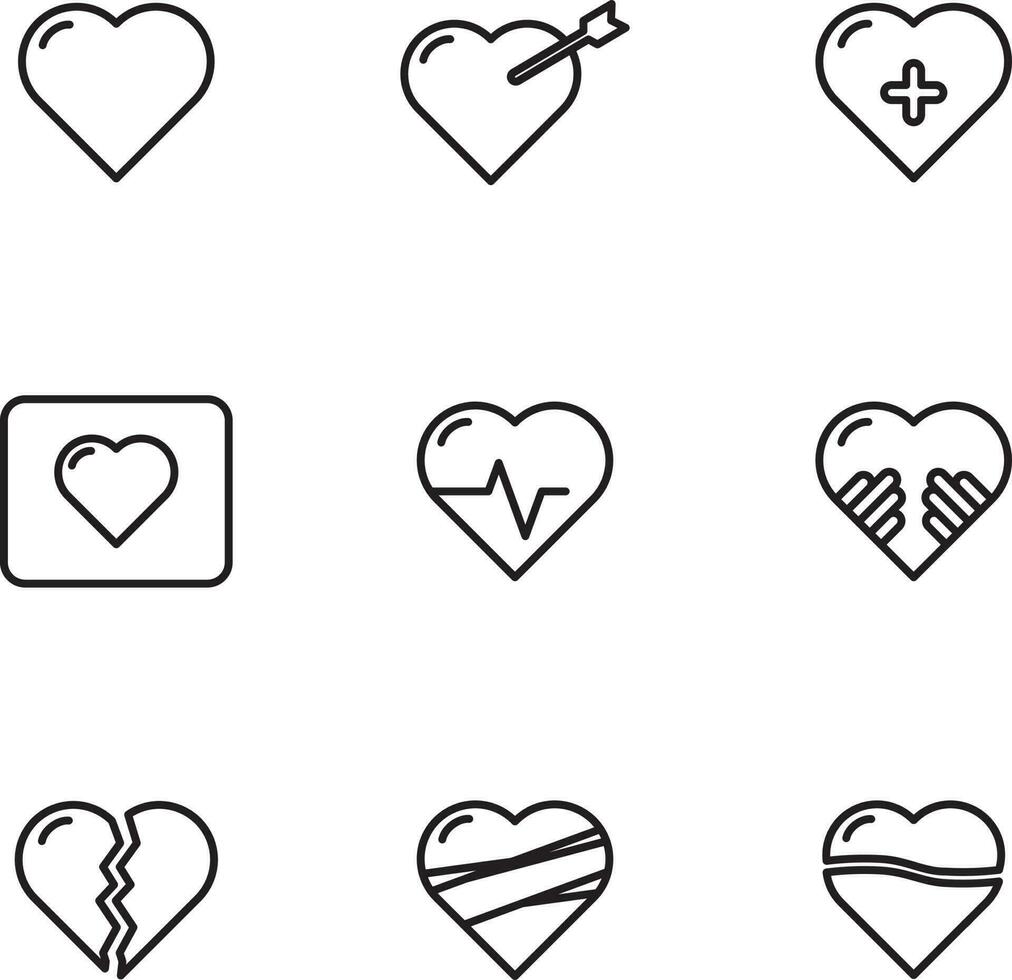 un pequeño colección de negro línea íconos de corazón símbolos en uno vector