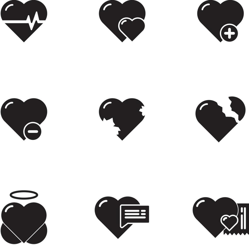 a small collection of black solid icons of heart symbols in one vector