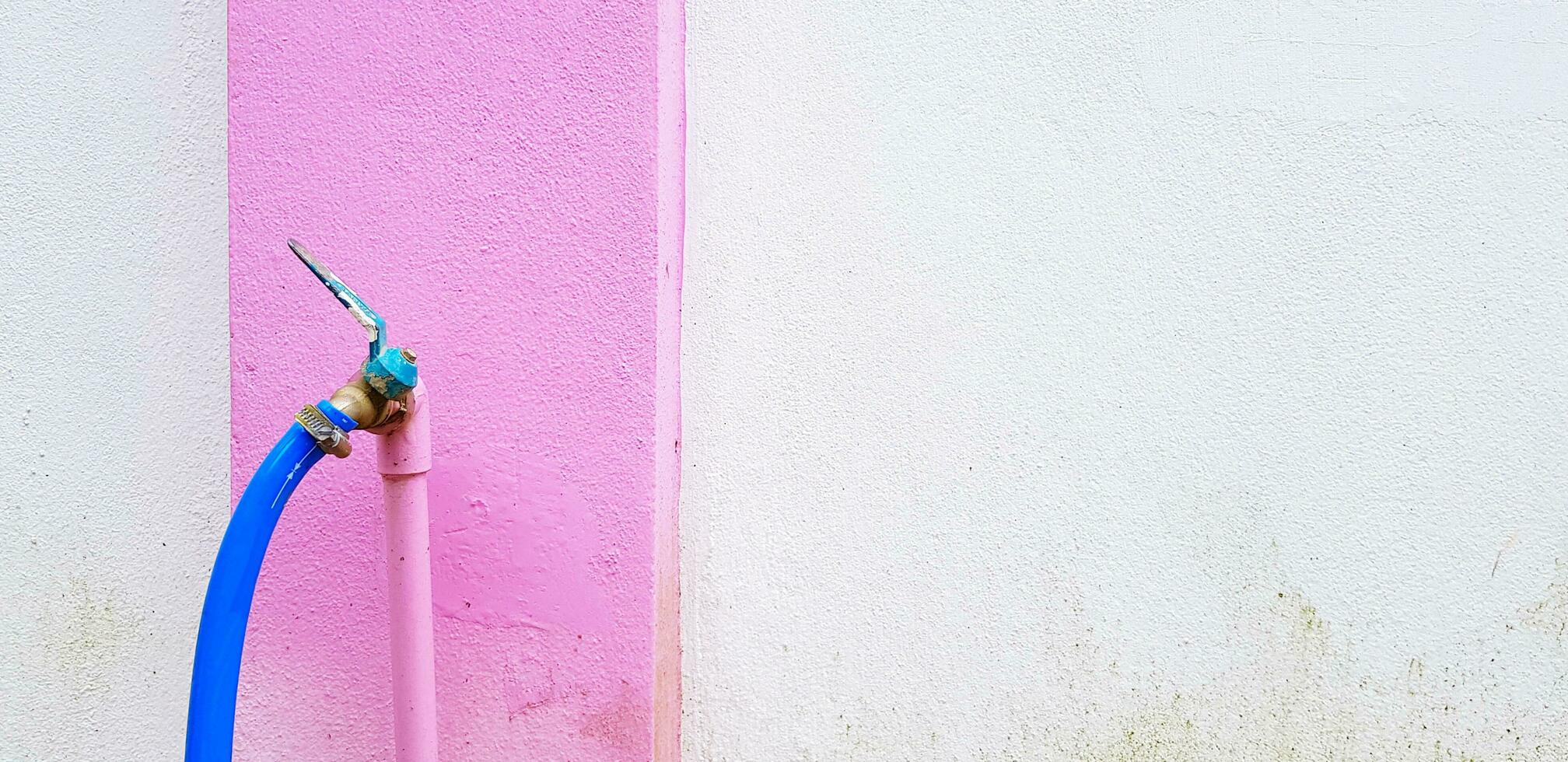 Old stainless steel tap, hydrant or faucet blue with water pipeline pink and white wall background. photo