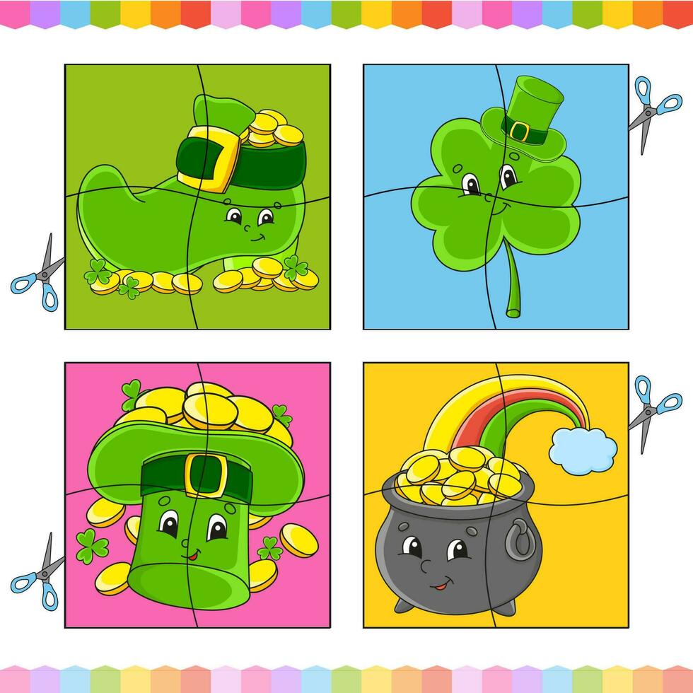 Cut and play. Paper game with glue. Flash cards. Education worksheet. Activity page. Funny character. cartoon style. Vector illustration.