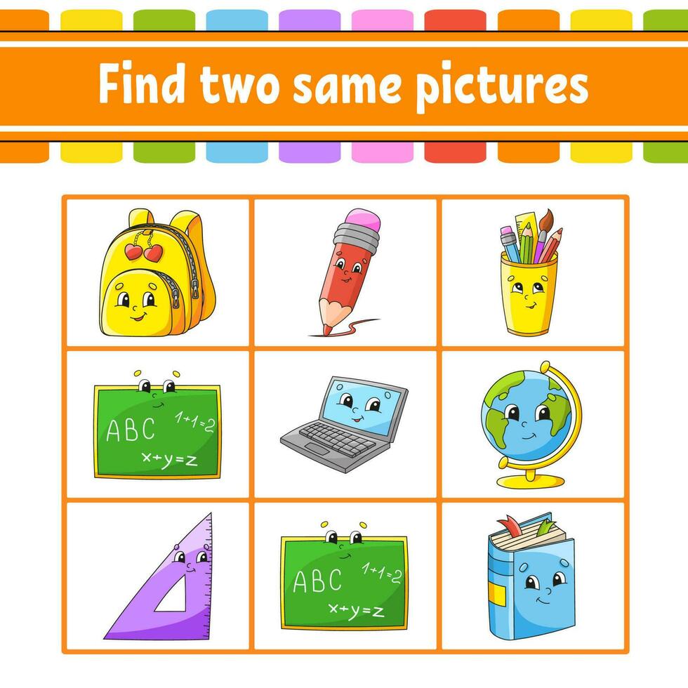 Find two same pictures. Task for kids. Education developing worksheet. Activity page. Color game for children. Funny character. Isolated vector illustration. cartoon style.