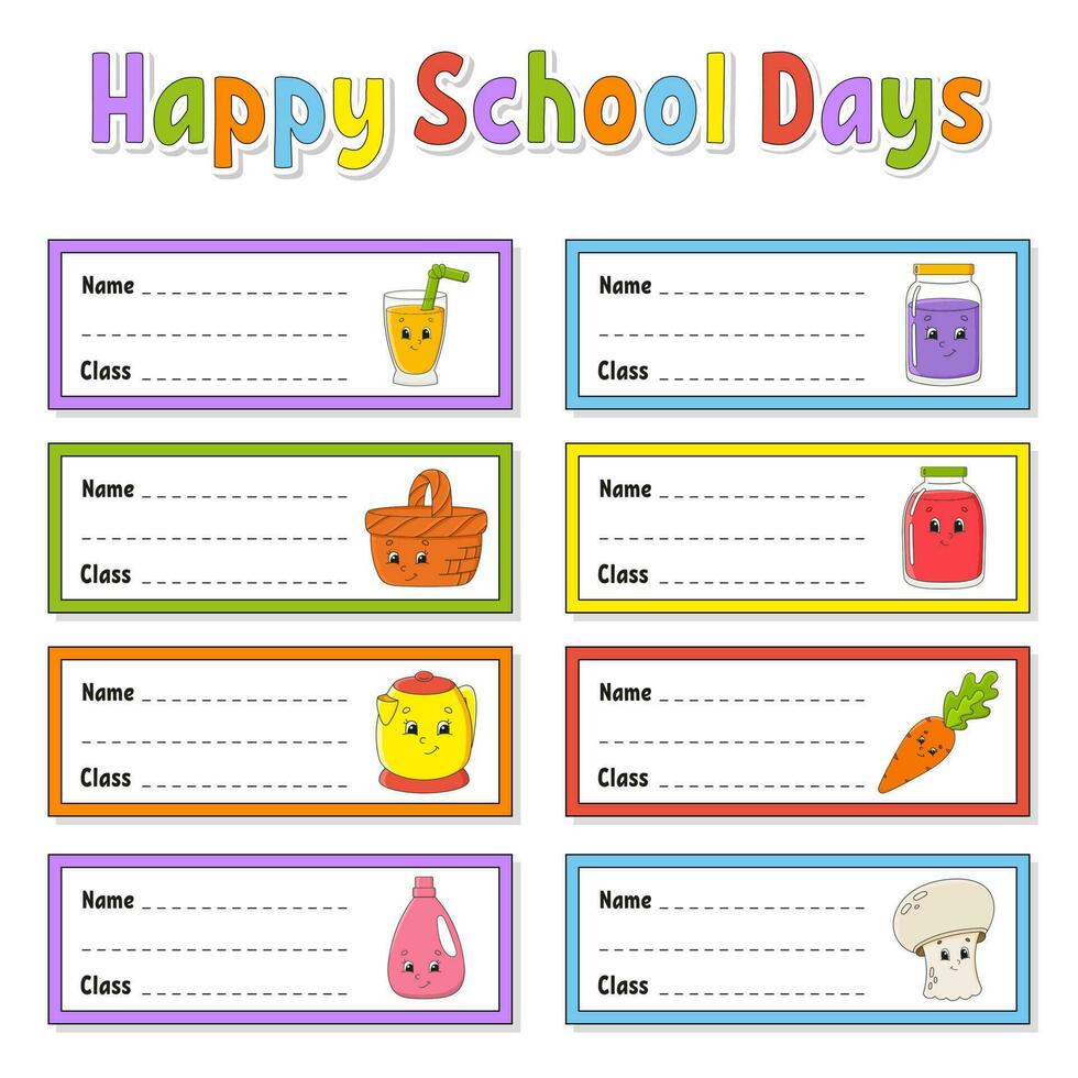 Name and class. Back to school labels. Set stickers for notebook. Bright stickers. Rectangular label. Color vector isolated illustration.