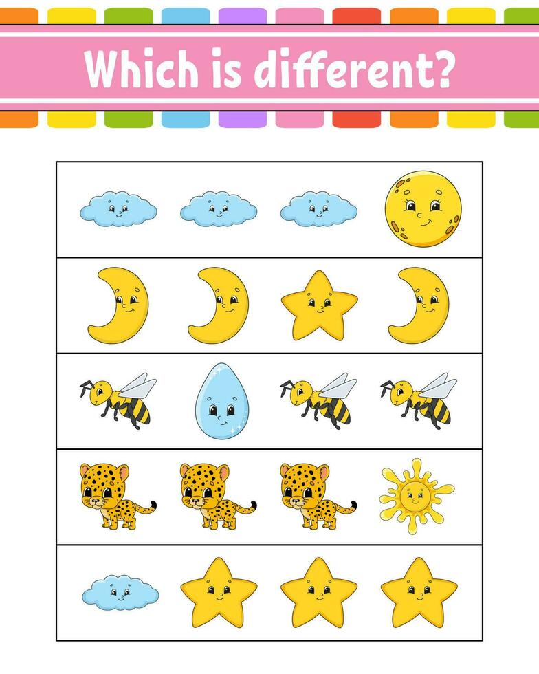 Which is different. Educational activity worksheet for kids and toddlers. Game for children. Vector illustration.