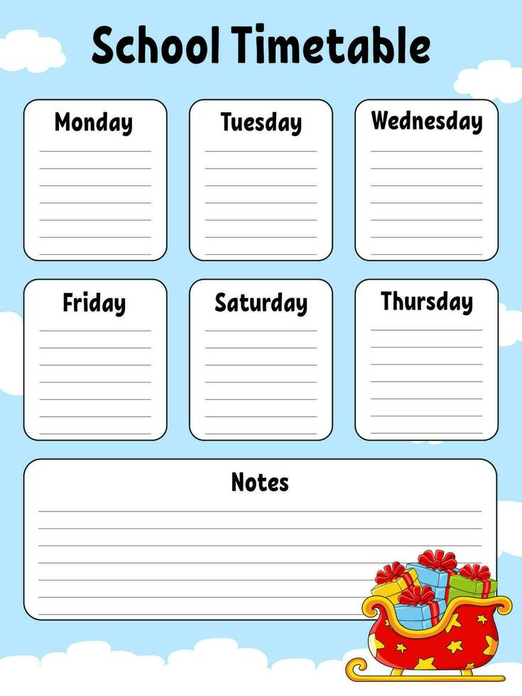 School timetable. For the education of children. Isolated on color background. With a cute cartoon character. . vector