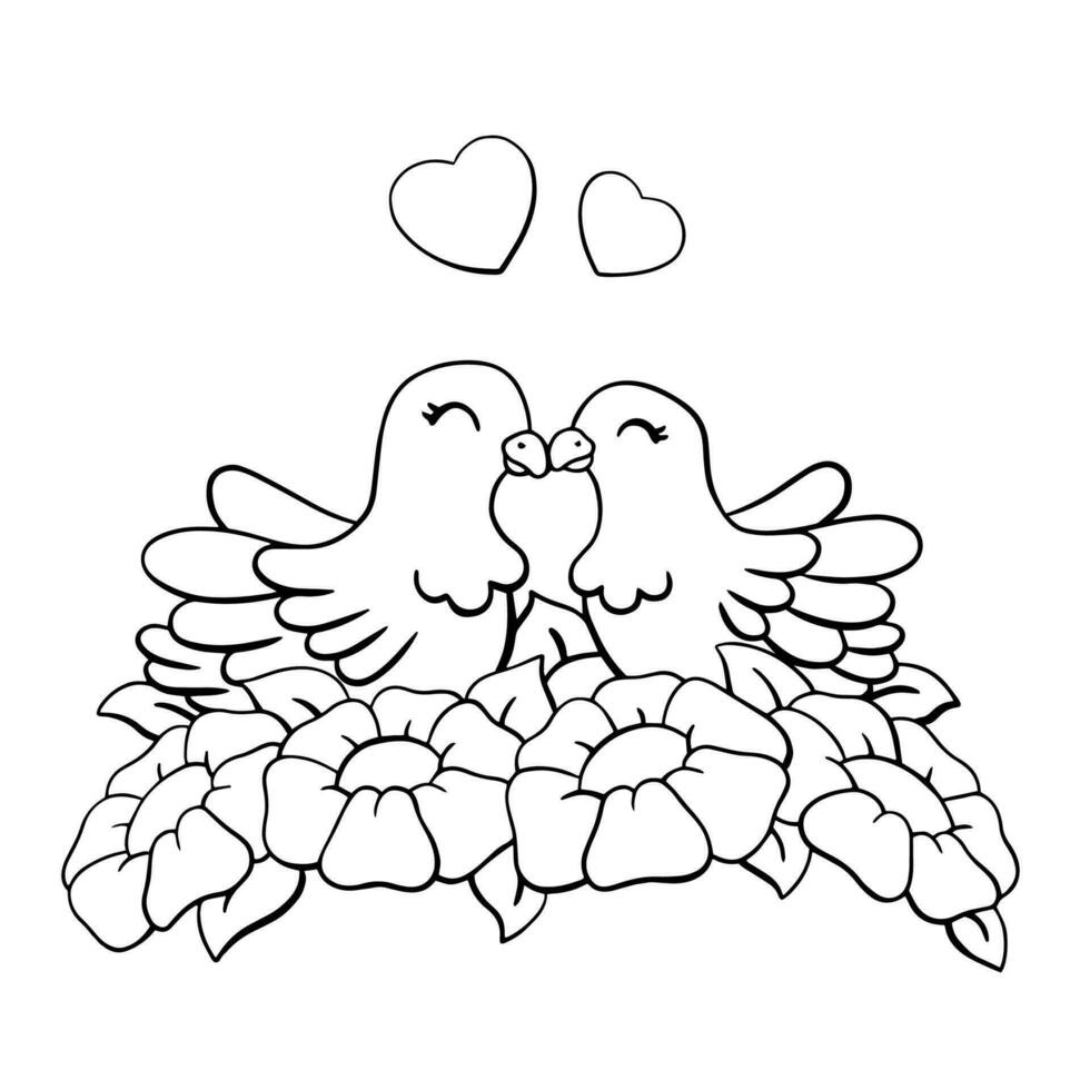 A couple of doves in love sitting in flowers. Coloring page for kids. Digital stamp. Cartoon style character. Vector illustration isolated on white background.