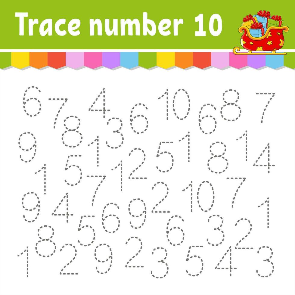 Trace number . Handwriting practice. Learning numbers for kids. Education developing worksheet. Activity page. Christmas theme. Isolated vector illustration in cute cartoon style.