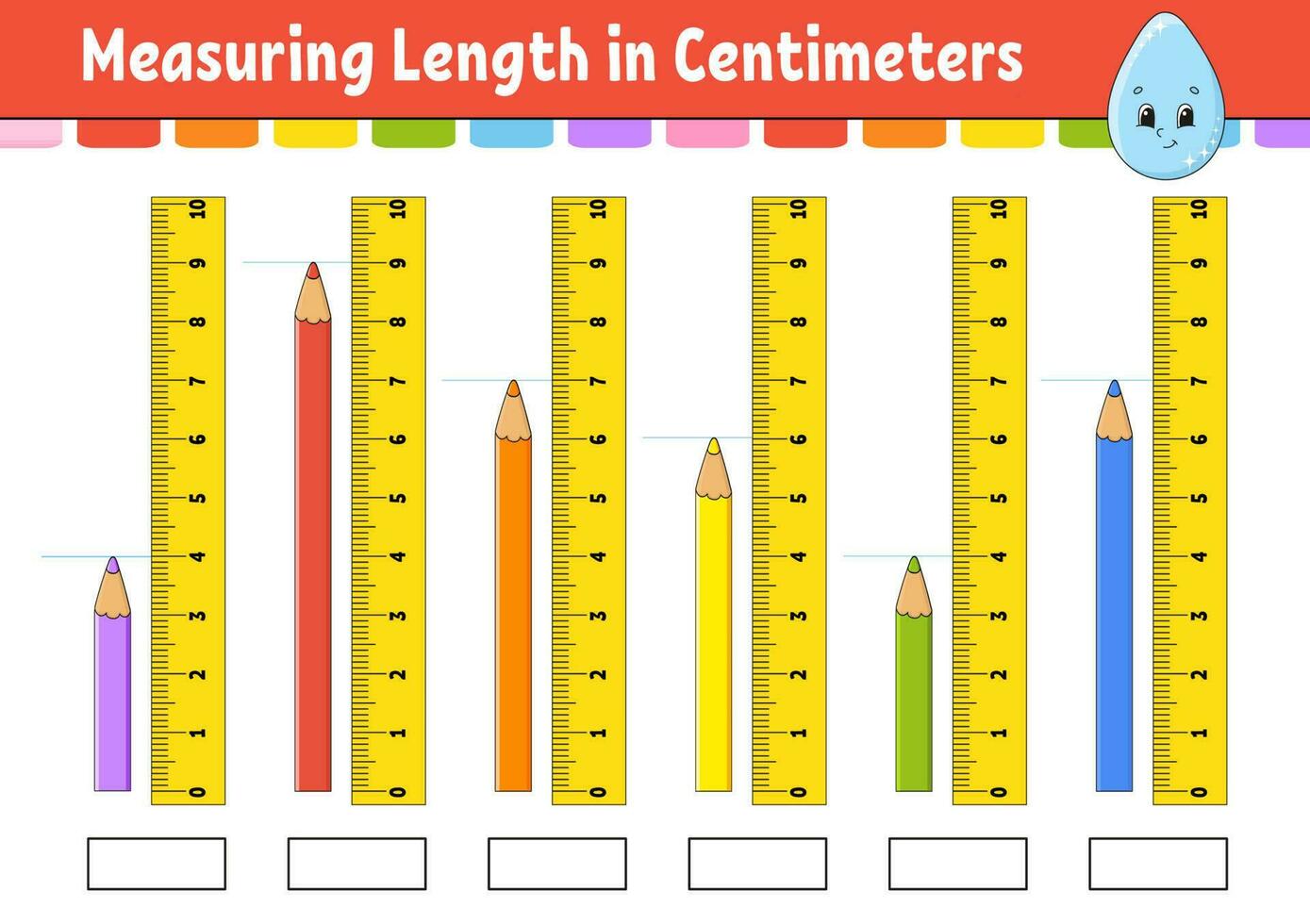 Measuring length in centimeter with ruler. Education developing worksheet. Game for kids. Color activity page. Puzzle for children. Cute character. Vector illustration. cartoon style.