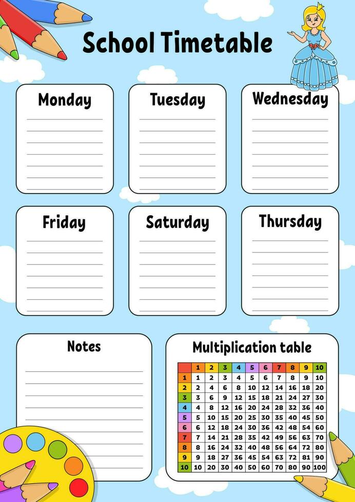 School timetable with multiplication table. For the education of children. Isolated on a white background. With a cute cartoon character. vector