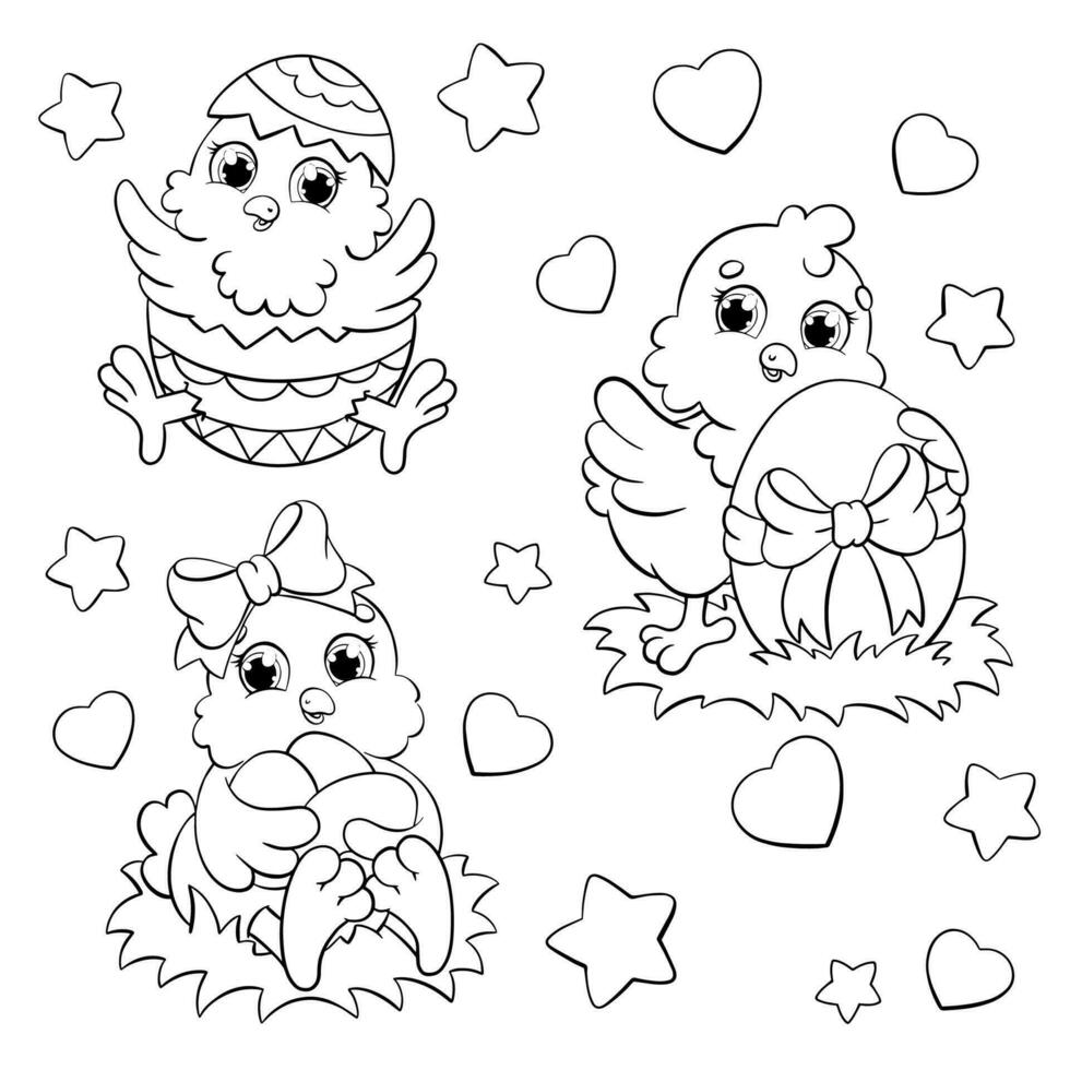 Set of cute Easter chickens. Coloring book page for kids. Cartoon style character. Vector illustration isolated on white background.