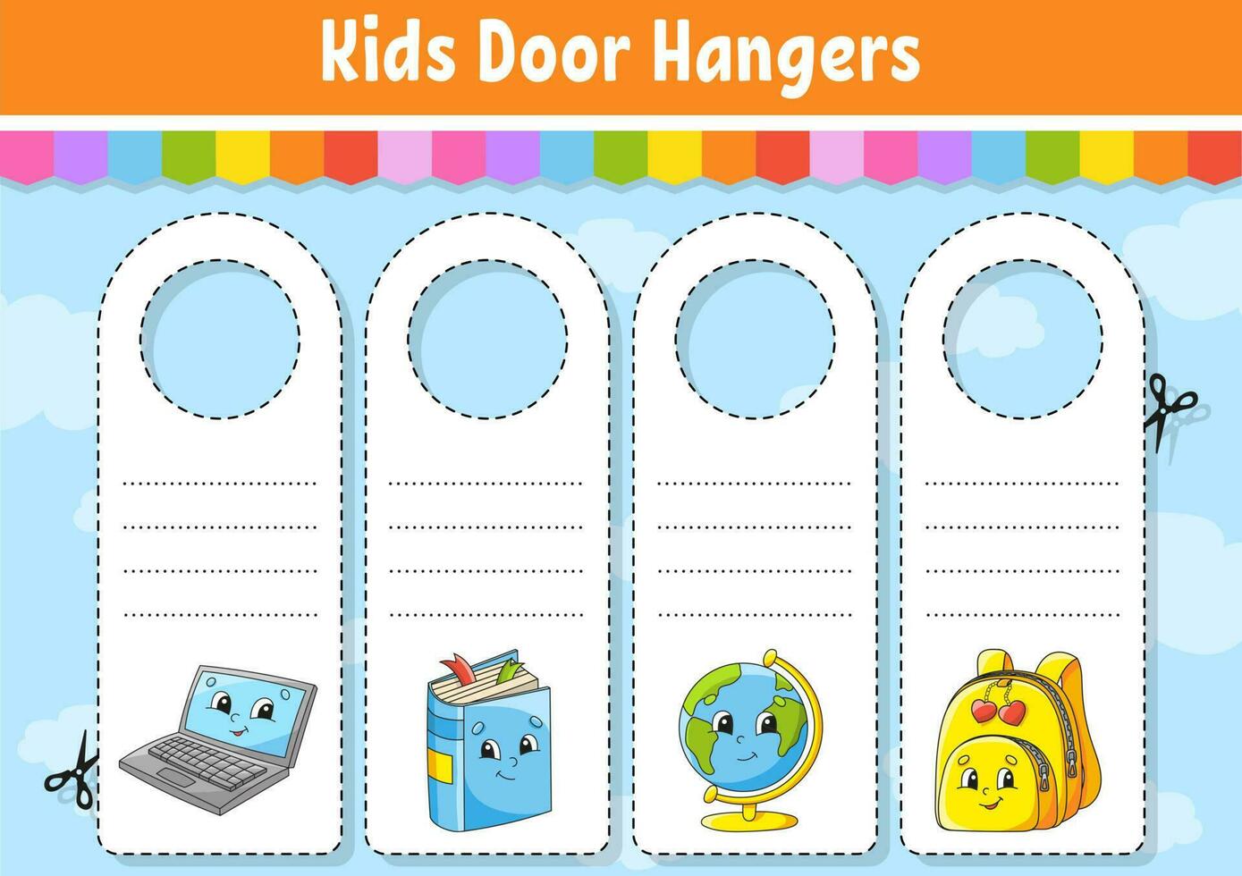 Door hangers. Cute cartoon characters. Sign printable. Kids style. On doorknobs. Tag template. Back to school theme. Vector illustration.