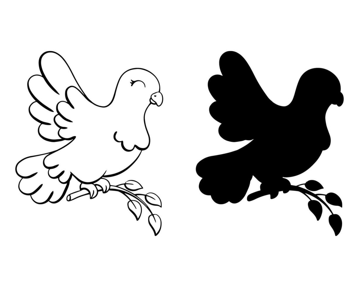 Black silhouette dove. Design element. Vector illustration isolated on white background. Template for books, stickers, posters, cards, clothes.