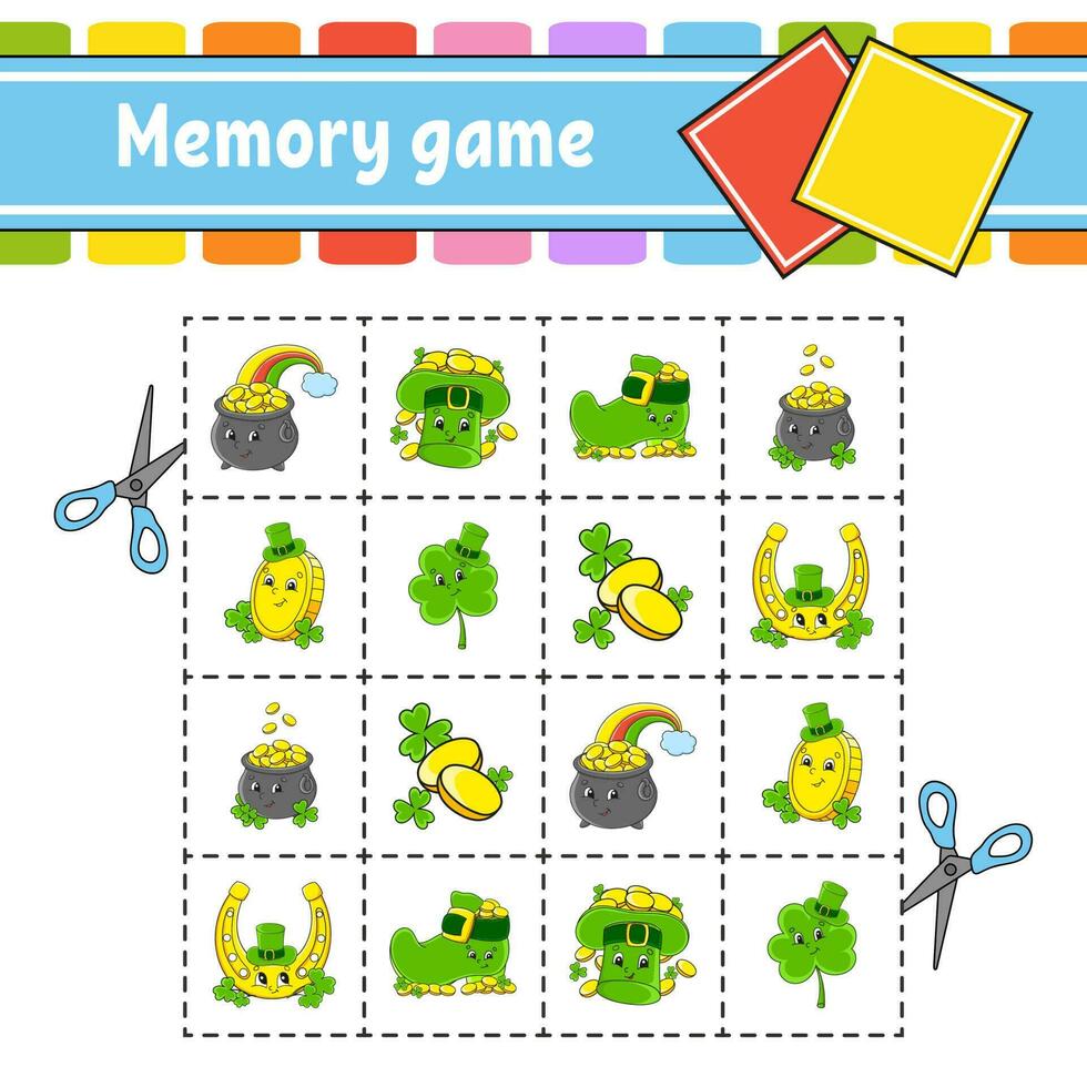 Memory game for kids. Education developing worksheet. Activity page with pictures. Puzzle game for children. Logical thinking training. Funny character. cartoon style. Vector illustration.