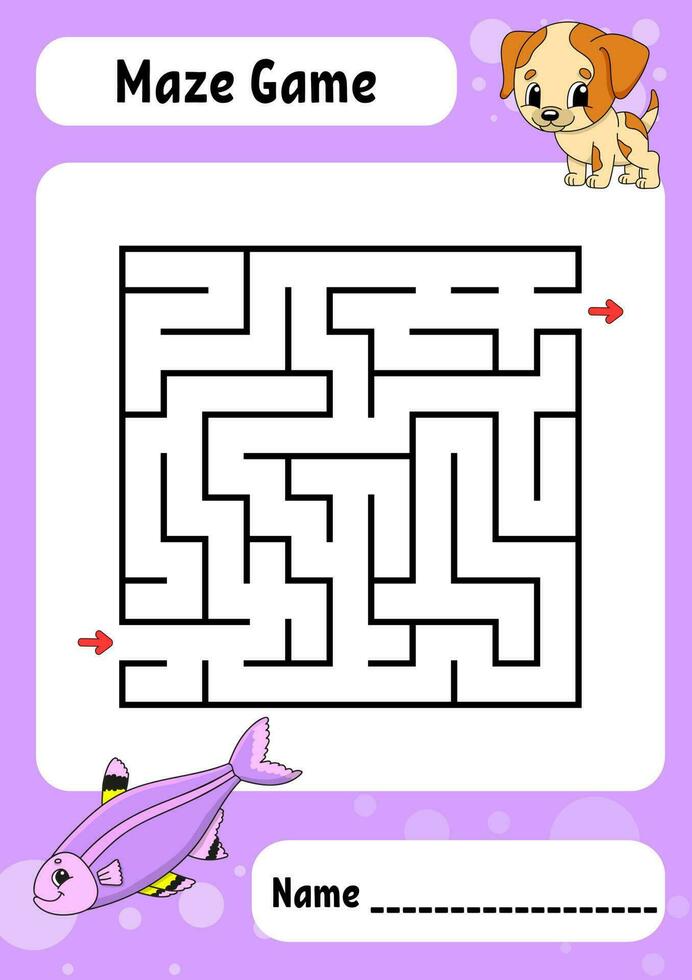 Square maze. Game for kids. Funny labyrinth. Education developing worksheet. Activity page. Puzzle for children. cartoon style. Riddle for preschool. Logical conundrum. Vector illustration.