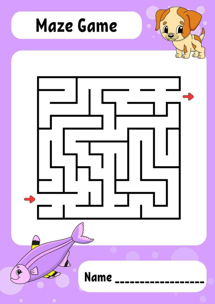 Square maze. Game for kids. Funny labyrinth. Education developing worksheet. Activity page. Puzzle for children. cartoon style. Riddle for preschool. Logical conundrum. Vector illustration.