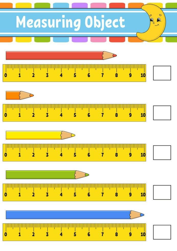 objeto de medición con regla. hoja de trabajo de desarrollo educativo. juego para niños página de actividades de colores. rompecabezas para niños. lindo personaje ilustración vectorial estilo de dibujos animados vector